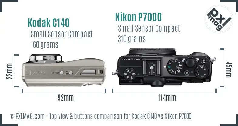Kodak C140 vs Nikon P7000 top view buttons comparison