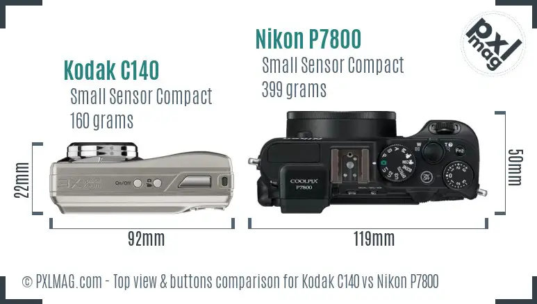 Kodak C140 vs Nikon P7800 top view buttons comparison