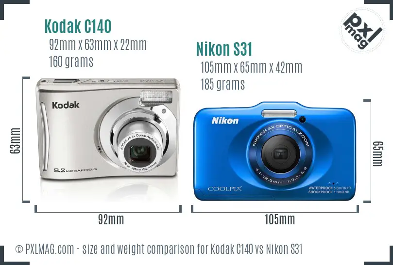 Kodak C140 vs Nikon S31 size comparison