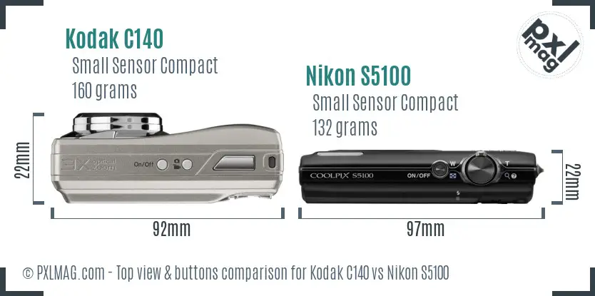 Kodak C140 vs Nikon S5100 top view buttons comparison