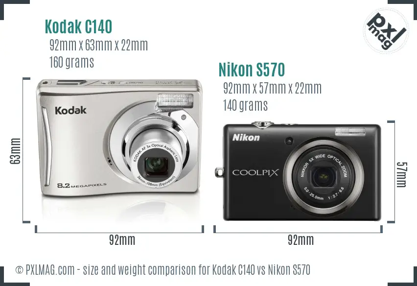 Kodak C140 vs Nikon S570 size comparison