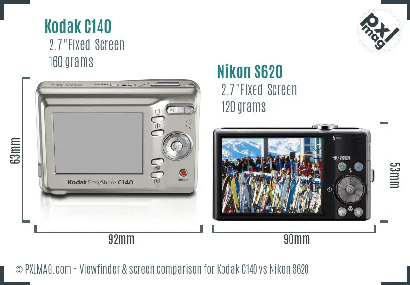 Kodak C140 vs Nikon S620 Screen and Viewfinder comparison