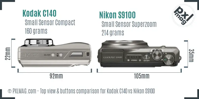 Kodak C140 vs Nikon S9100 top view buttons comparison