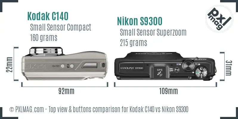 Kodak C140 vs Nikon S9300 top view buttons comparison