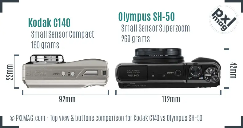 Kodak C140 vs Olympus SH-50 top view buttons comparison