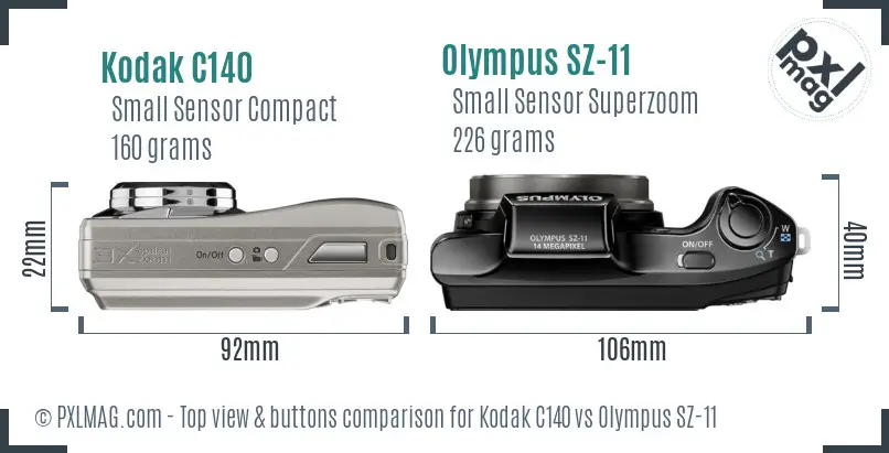 Kodak C140 vs Olympus SZ-11 top view buttons comparison Kodak C140 vs Olympus SZ-11 top view buttons comparison