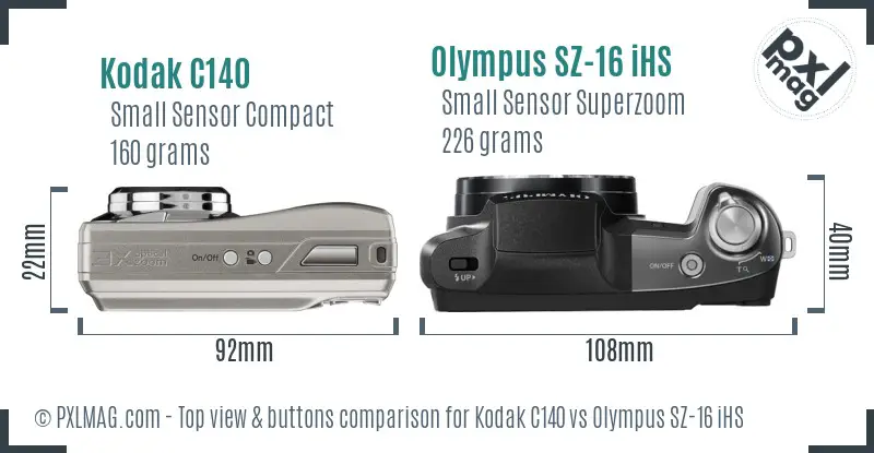 Kodak C140 vs Olympus SZ-16 iHS top view buttons comparison Kodak C140 vs Olympus SZ-16 iHS top view buttons comparison