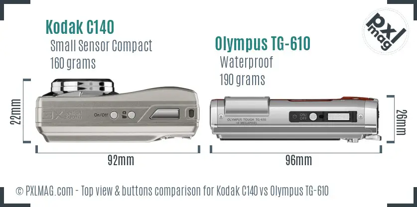 Kodak C140 vs Olympus TG-610 top view buttons comparison Kodak C140 vs Olympus TG-610 top view buttons comparison