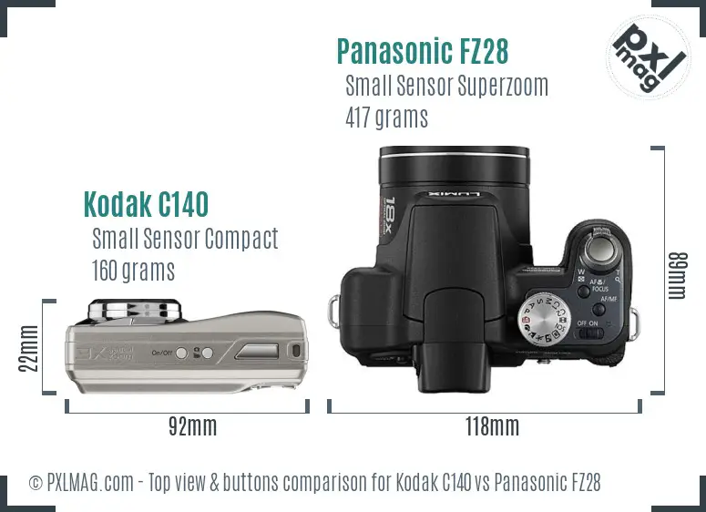 Kodak C140 vs Panasonic FZ28 top view buttons comparison