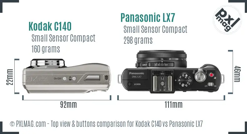 Kodak C140 vs Panasonic LX7 top view buttons comparison