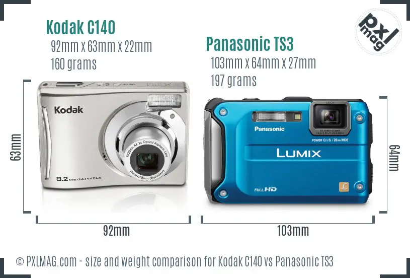 Kodak C140 vs Panasonic TS3 size comparison