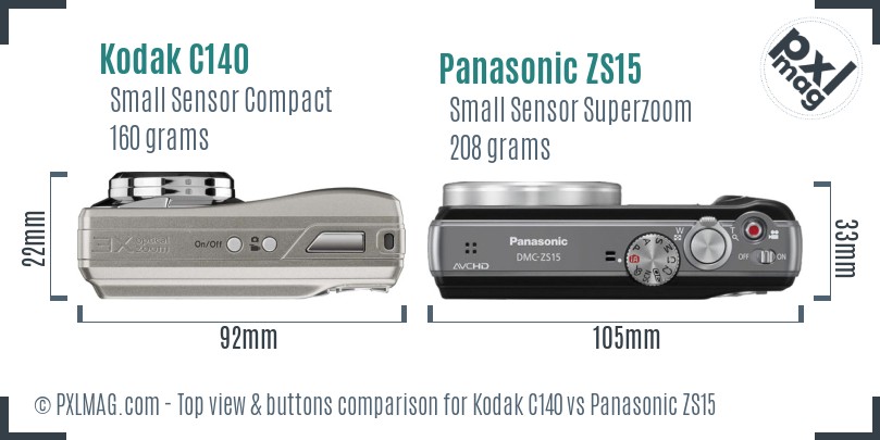 Kodak C140 vs Panasonic ZS15 top view buttons comparison