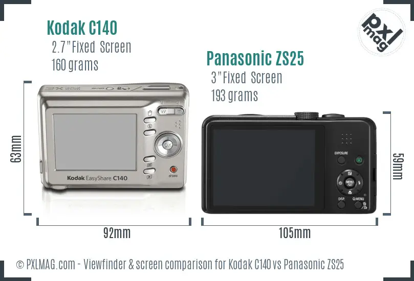 Kodak C140 vs Panasonic ZS25 Screen and Viewfinder comparison