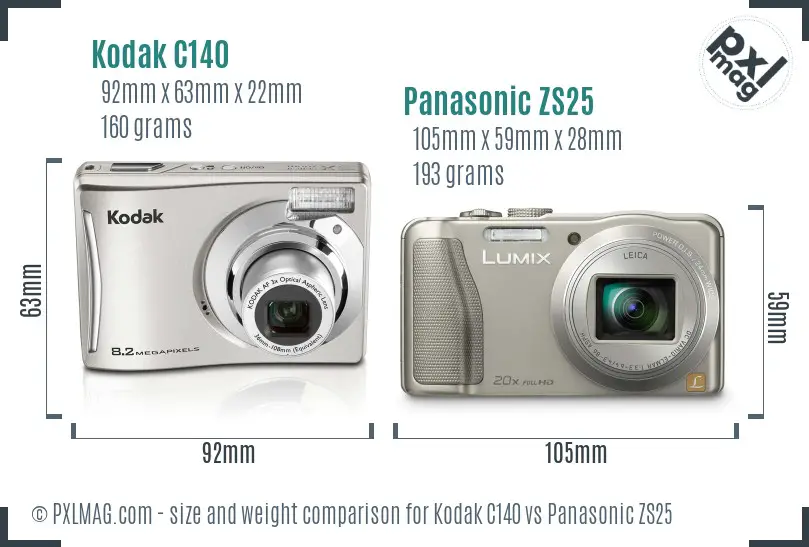 Kodak C140 vs Panasonic ZS25 size comparison