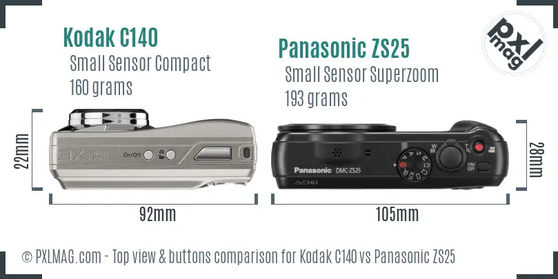 Kodak C140 vs Panasonic ZS25 top view buttons comparison