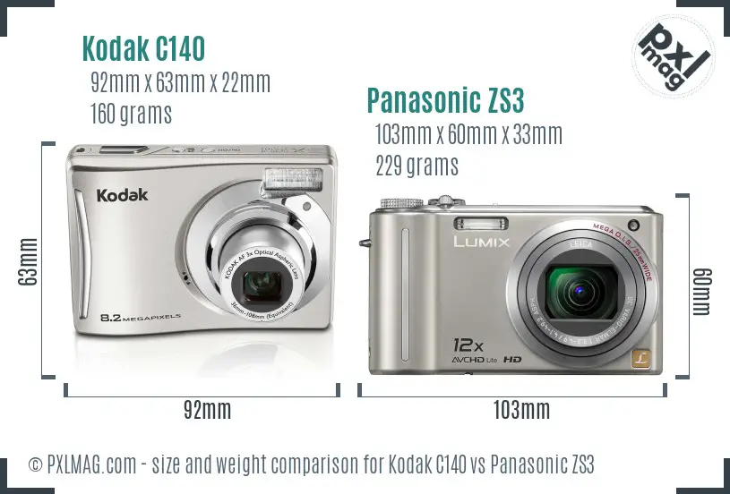 Kodak C140 vs Panasonic ZS3 size comparison