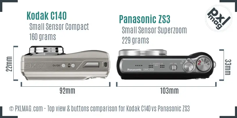 Kodak C140 vs Panasonic ZS3 top view buttons comparison