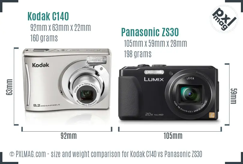 Kodak C140 vs Panasonic ZS30 size comparison