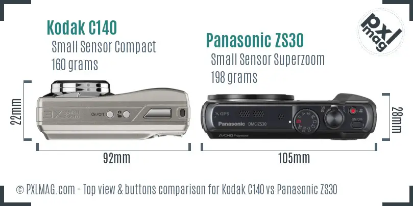 Kodak C140 vs Panasonic ZS30 top view buttons comparison