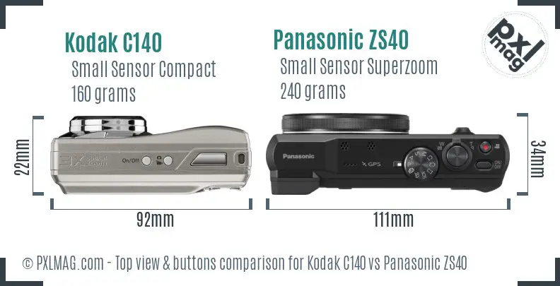Kodak C140 vs Panasonic ZS40 top view buttons comparison Kodak C140 vs Panasonic ZS40 top view buttons comparison