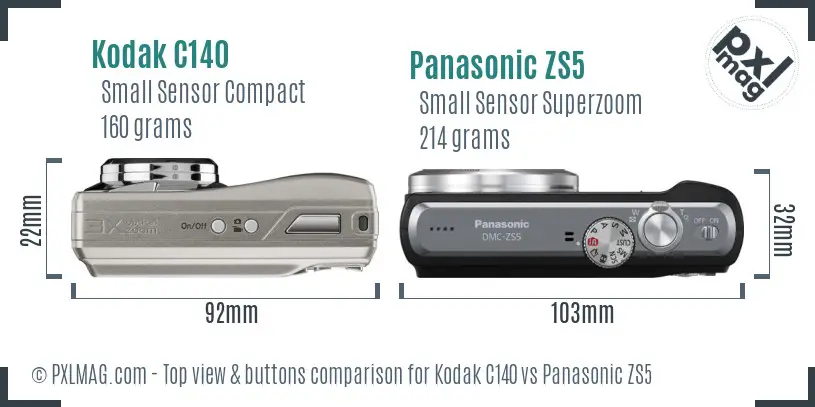 Kodak C140 vs Panasonic ZS5 top view buttons comparison