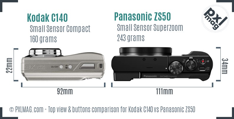 Kodak C140 vs Panasonic ZS50 top view buttons comparison