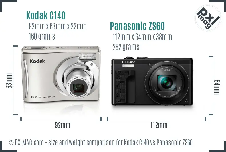 Kodak C140 vs Panasonic ZS60 size comparison