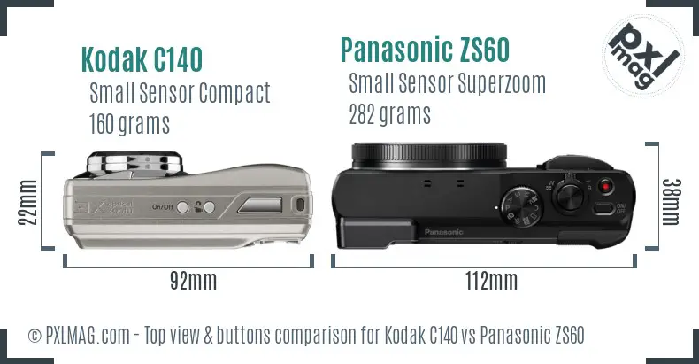 Kodak C140 vs Panasonic ZS60 top view buttons comparison