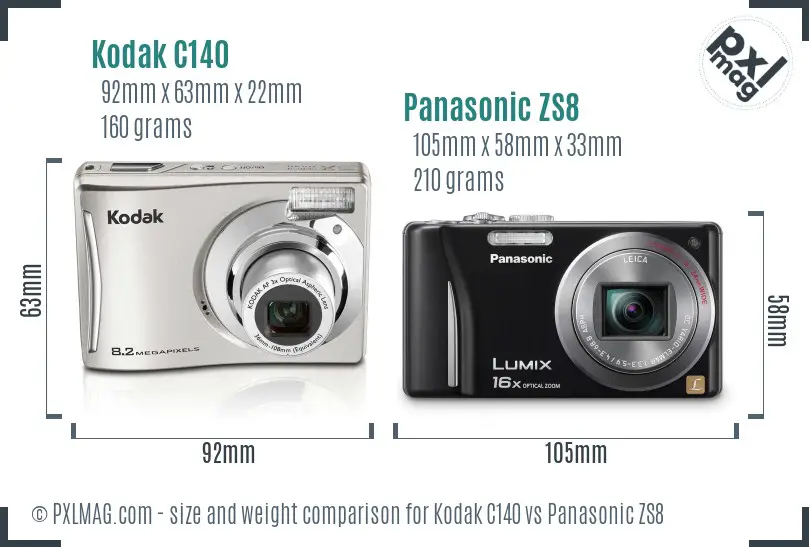 Kodak C140 vs Panasonic ZS8 size comparison