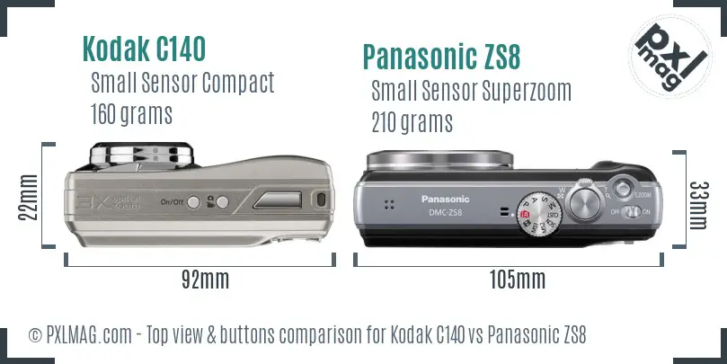 Kodak C140 vs Panasonic ZS8 top view buttons comparison