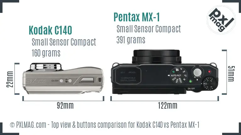 Kodak C140 vs Pentax MX-1 top view buttons comparison