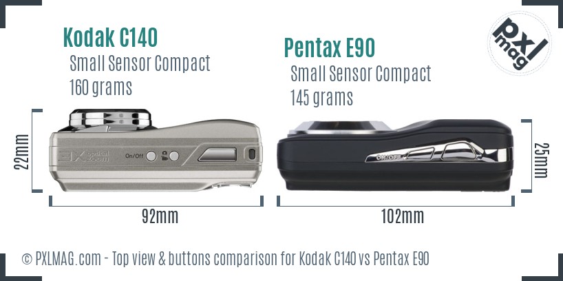 Kodak C140 vs Pentax E90 top view buttons comparison