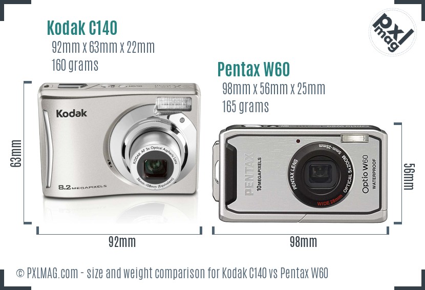 Kodak C140 vs Pentax W60 size comparison