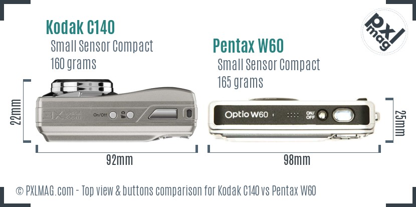 Kodak C140 vs Pentax W60 top view buttons comparison