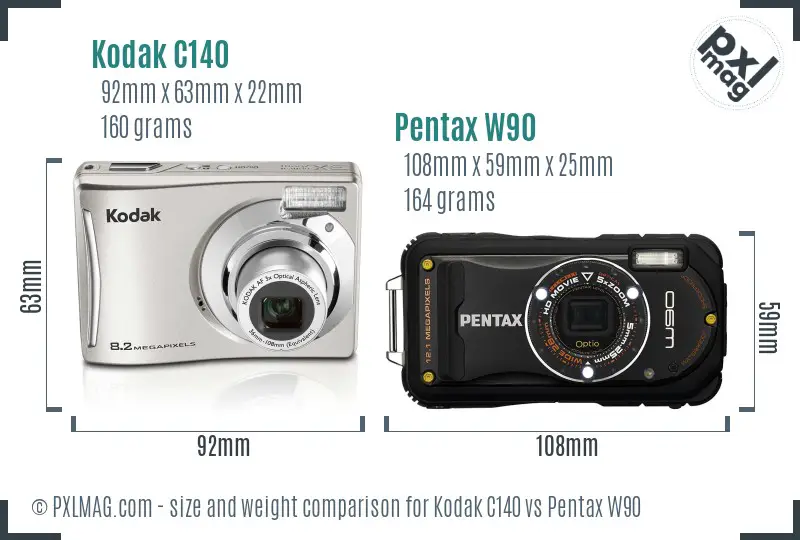 Kodak C140 vs Pentax W90 size comparison