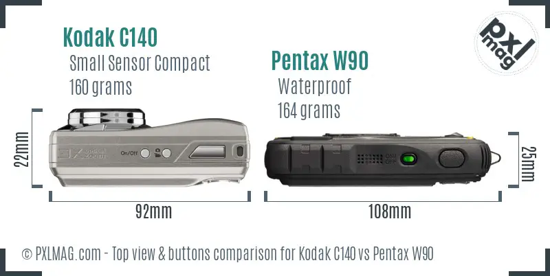 Kodak C140 vs Pentax W90 top view buttons comparison