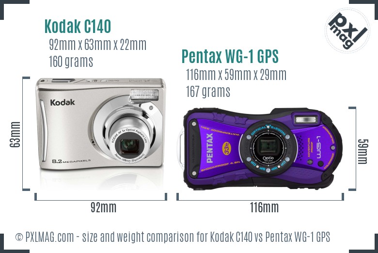 Kodak C140 vs Pentax WG-1 GPS size comparison