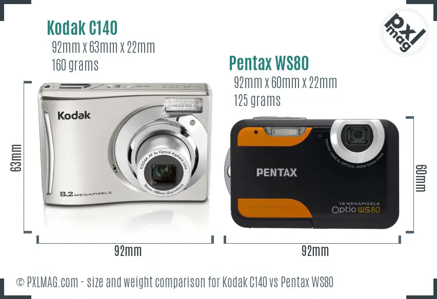 Kodak C140 vs Pentax WS80 size comparison