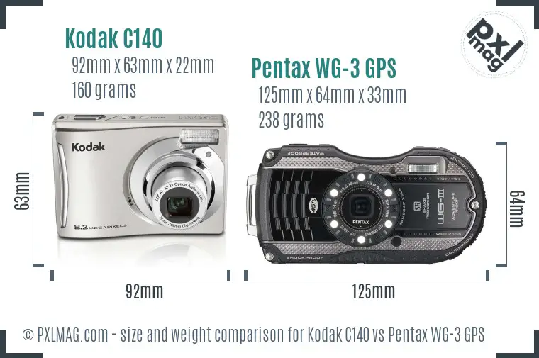 Kodak C140 vs Pentax WG-3 GPS size comparison