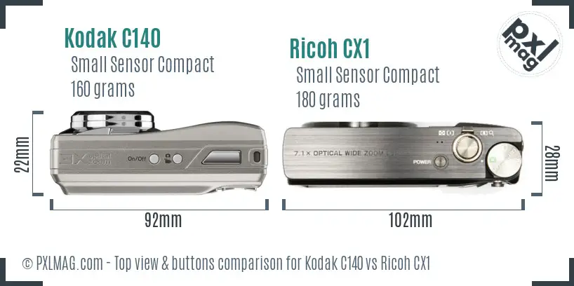 Kodak C140 vs Ricoh CX1 top view buttons comparison Kodak C140 vs Ricoh CX1 top view buttons comparison