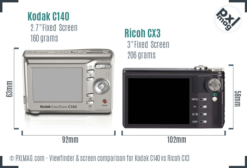 Kodak C140 vs Ricoh CX3 Screen and Viewfinder comparison