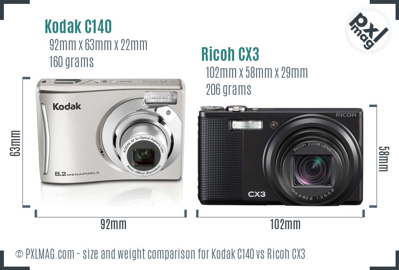 Kodak C140 vs Ricoh CX3 size comparison Kodak C140 vs Ricoh CX3 size comparison