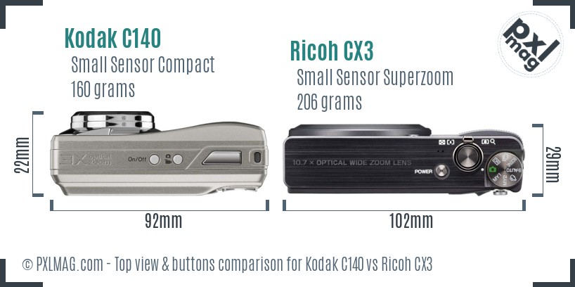Kodak C140 vs Ricoh CX3 top view buttons comparison