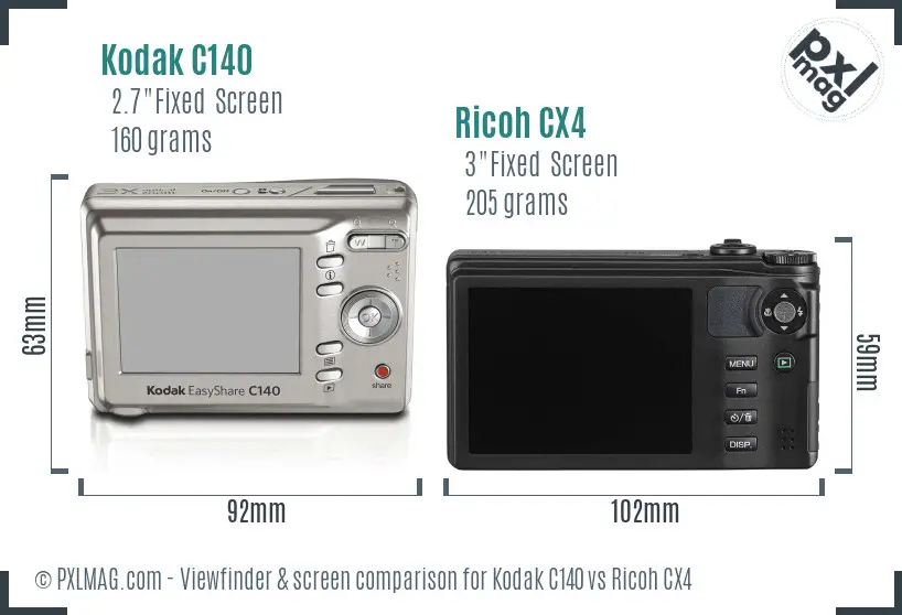 Kodak C140 vs Ricoh CX4 Screen and Viewfinder comparison