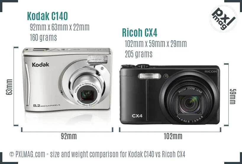 Kodak C140 vs Ricoh CX4 size comparison