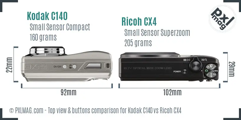 Kodak C140 vs Ricoh CX4 top view buttons comparison
