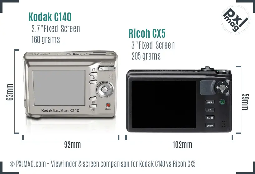 Kodak C140 vs Ricoh CX5 Screen and Viewfinder comparison