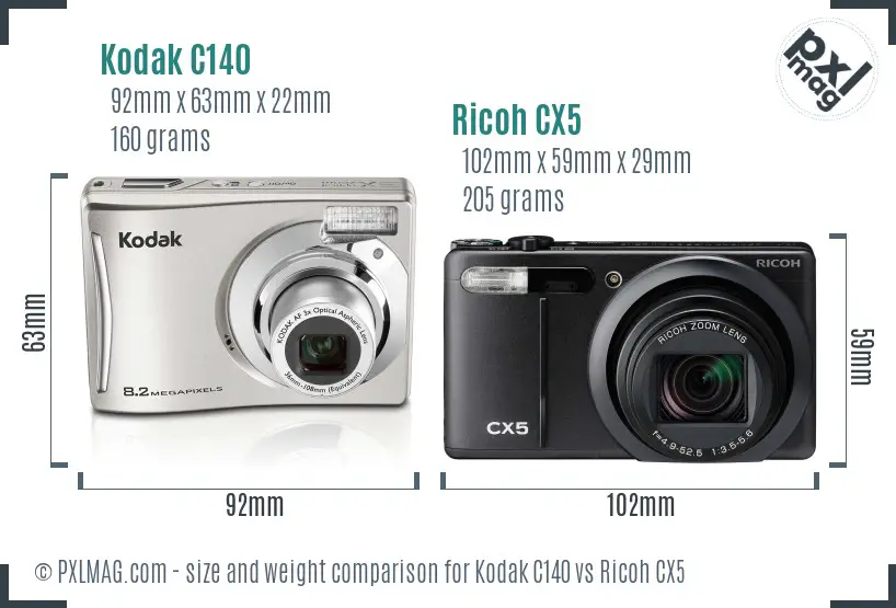 Kodak C140 vs Ricoh CX5 size comparison