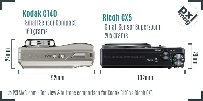 Kodak C140 vs Ricoh CX5 top view buttons comparison