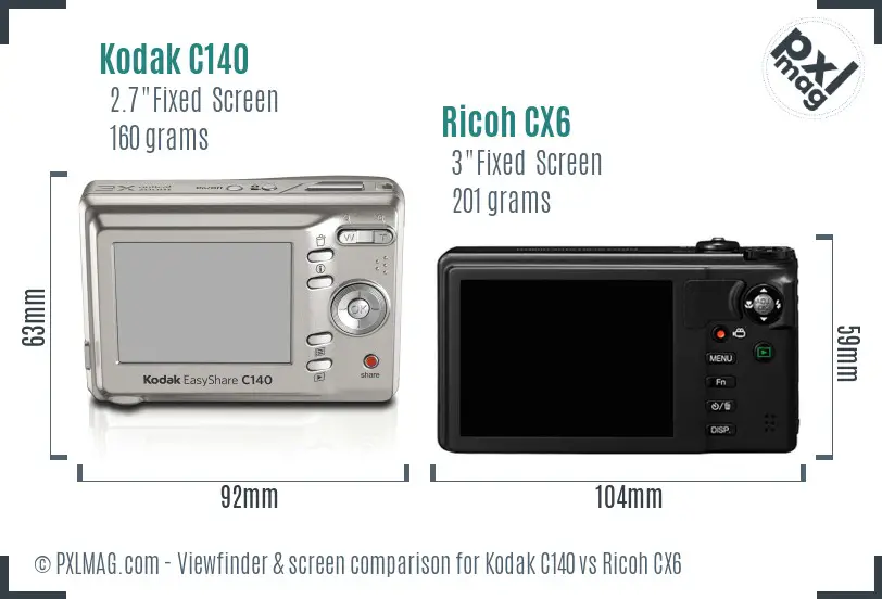 Kodak C140 vs Ricoh CX6 Screen and Viewfinder comparison